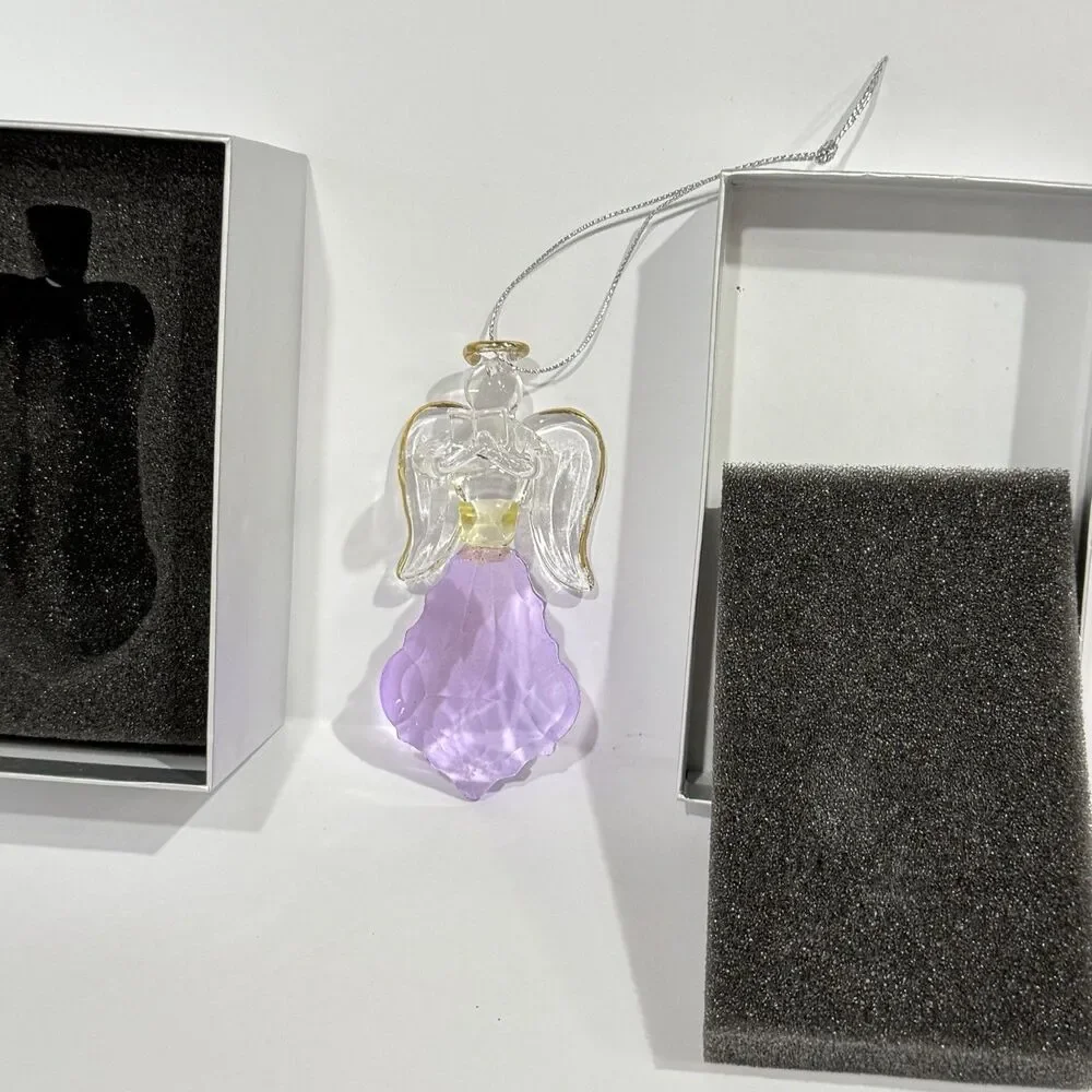 Glass Angel Ornament Purple Crystal Gold Trim Open Book Figurine Boxed
